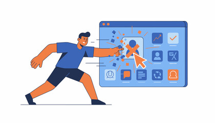 Digital Account Deletion Concept. Man aggressively punching and breaking a user profile icon on a web browser interface, symbolizing termination and data removal.