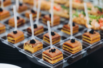 Decorated catering table, banquet with variety of different gourmet exquisite food snacks appetizers on corporate birthday party event or wedding celebration, canape, salad, delicatessen setting