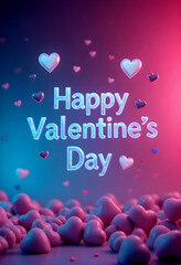 Romantic Valentine’s Day greeting with glowing neon text and floating 3D hearts on a dreamy pink-blue background. Cute love celebration scene perfect for holiday cards, romantic messages, and festive 