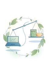 Illustration of a scale balancing work and relaxation for a healthy lifestyle concept.