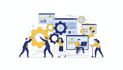 Teamwork Process Optimization and Data Analysis. Business people collaborate to turn mechanical gears and manage dashboards for workflow efficiency.