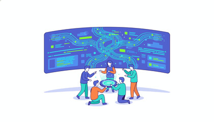 Digital Transformation Team Collaboration: Analyzing Big Data Network and Futuristic Visualization Screens in a Modern Setting