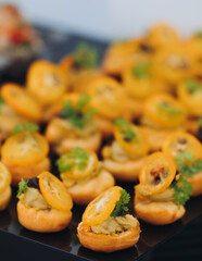 Decorated catering table, banquet with variety of different gourmet exquisite food snacks appetizers on corporate birthday party event or wedding celebration, canape, salad, delicatessen setting