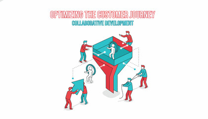 Customer Journey Optimization and Sales Funnel Management. Collaborative Development Strategy in Isometric Line Art.