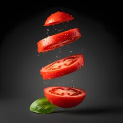 Photograph of a fresh sliced tomato levitating with water drops on a dark background.