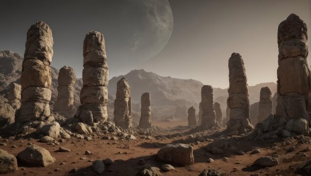 Alien Landscape with Towering Rock Formations and Distant Mountains.