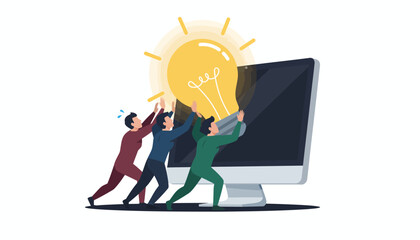Teamwork and Collaborative Effort to Implement a New Idea: Three Business People Pushing a Giant Lightbulb onto a Computer Screen for Digital Innovation.