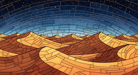 Digital art illustration of a desert landscape in a stained glass mosaic style.