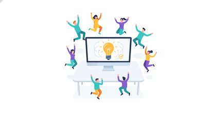 Team Celebration of a Brilliant Idea Breakthrough: Diverse Group Jumps in Excitement Around a Monitor Displaying a Lightbulb Icon.