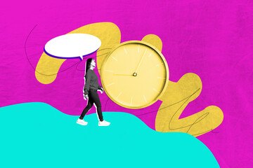 Image full pop trend collage of happy businesswoman walk clock expire limit bubble speech notification time management concept