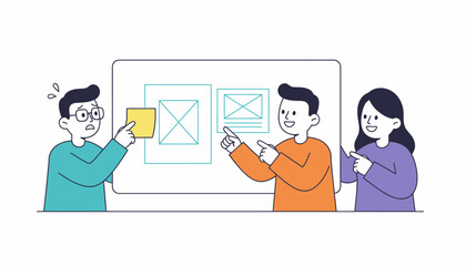 UX Design Team Brainstorming and Collaboration, Reviewing Wireframes and Sticky Notes in a Project Planning Meeting