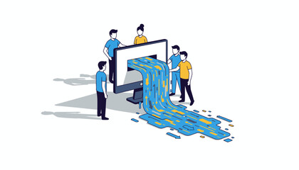 Isometric Illustration of a Team Analyzing Massive Data Flow and Digital Stream from a Computer Monitor, Representing Big Data Processing
