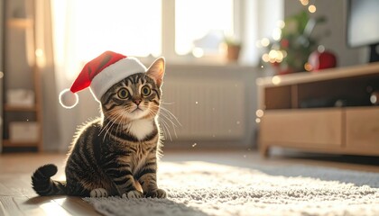 Tabby kitten wearing a red santa hat sits on a fluffy white rug in a sunlit room with bokeh christmas lights in the background