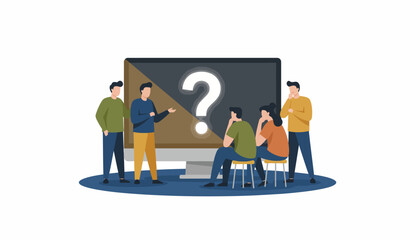 Team Brainstorming and Problem Solving Around a Question Mark on a Large Screen. Business strategy and uncertainty concept.