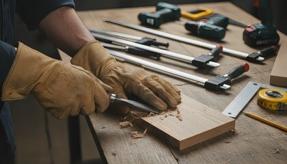 Photograph of a carpenter's hands carving wood with a chisel in a workshop.