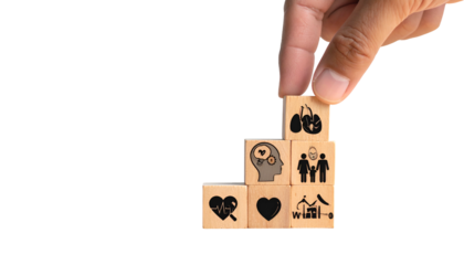 Hand building a health-themed staircase from blocks with organ, relationship, and well-being icons