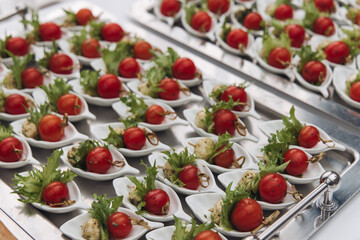 Decorated catering table, banquet with variety of different gourmet exquisite food snacks appetizers on corporate birthday party event or wedding celebration, canape, salad, delicatessen setting
