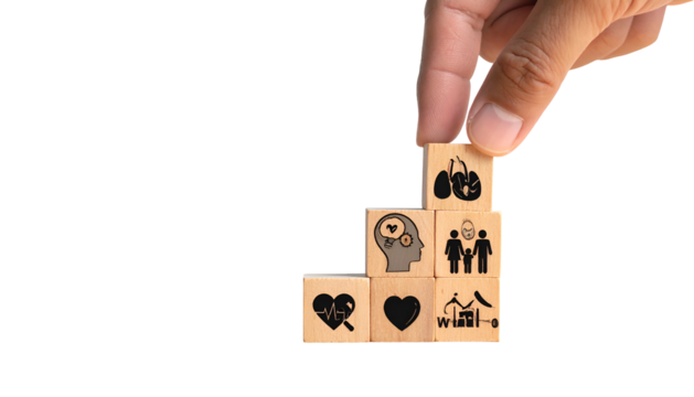 Hand building a health-themed staircase from blocks with organ, relationship, and well-being icons