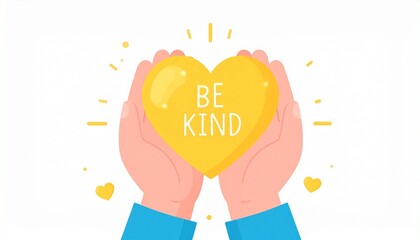 Flat Illustration of Hands Offering a "BE KIND" Heart. World Kindness Day, Charity, Support, and Mental Health Awareness