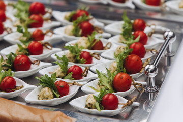 Decorated catering table, banquet with variety of different gourmet exquisite food snacks appetizers on corporate birthday party event or wedding celebration, canape, salad, delicatessen setting