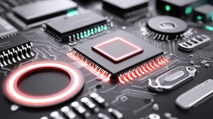 Computer chip red light circuit board tech advanced system microchip glows red indicating high tech processor operation