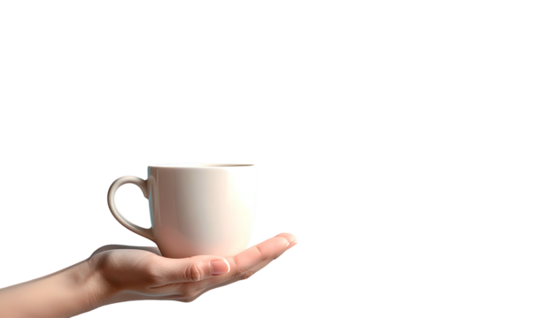 A hand, palm up, delicately holds a ceramic mug against a stark black backdrop