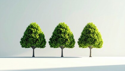 Three Lush Green Trees Stand in a Row Against a Soft White Background with Dramatic Shadows on a Sunny Day