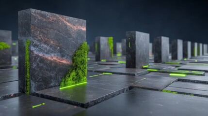 Green glowing concrete blocks abstract structure vibrant green light illuminates abstract concrete block design