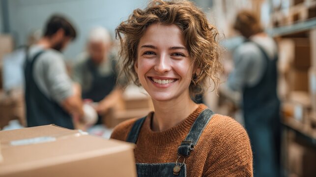 Young cheerful volunteer working at charity center and giving free food donation box for people in need in charitable foundation. Humanitarian aid, volunteering and social help for poor concept.