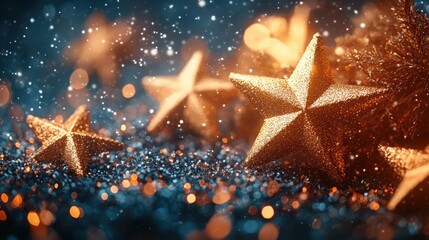 Glittering golden stars with bokeh lights creating a festive atmosphere image