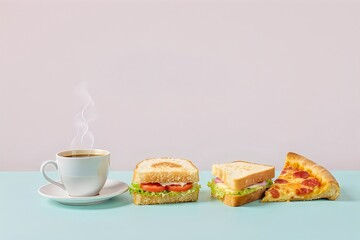 Photograph of a coffee break with sandwiches and pizza on a pastel background.
