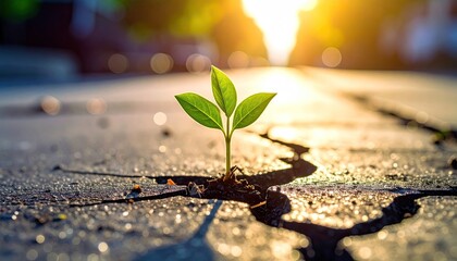 Tiny green sprout emerging from a crack in asphalt pavement bathed in warm golden sunlight creating a hopeful and resilient atmosphere