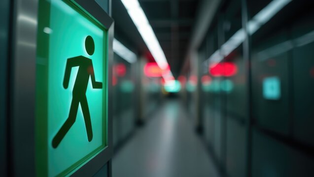Emergency Exit Sign with Running Man Symbol in Modern Building Interior