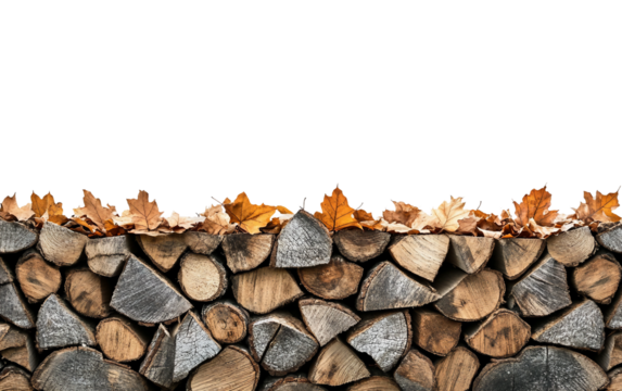Autumn inspired stack of firewood and dried foliage capturing cozy, earthy vibes and seasonal preparation isolated on white background PNG