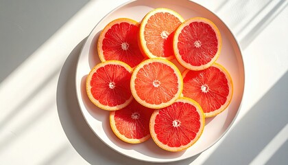 Top View Of Sliced Grapefruits On A White Plate With Sunlight Shadows Casting Dramatic Light Across The Surface