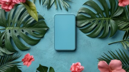 Mockup Device Surrounded by Tropical Leaves on Blue Background, Flat Lay