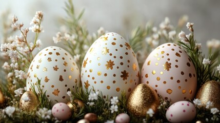 Obraz premium Decorated eggs with gold accents among flowers and greenery in a soft setting