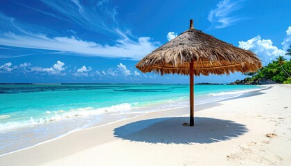 Tropical Beach Paradise with Thatched Umbrella and Turquoise Ocean Waves Under a Bright Blue Sky with Wispy Clouds