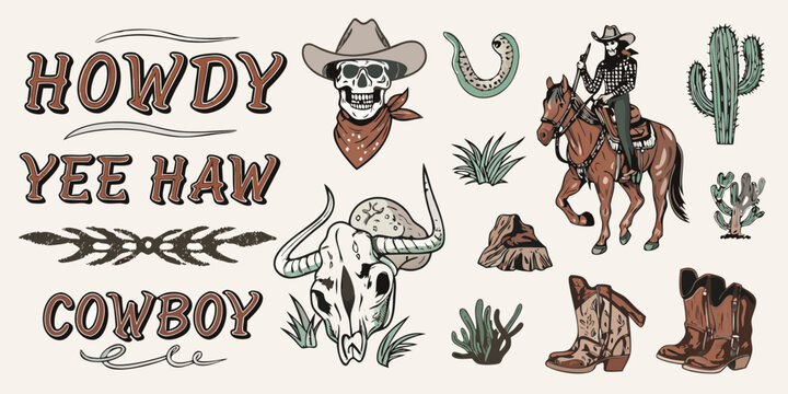 Western cowboy elements collection featuring howdy yee haw skull horse boots and cacti