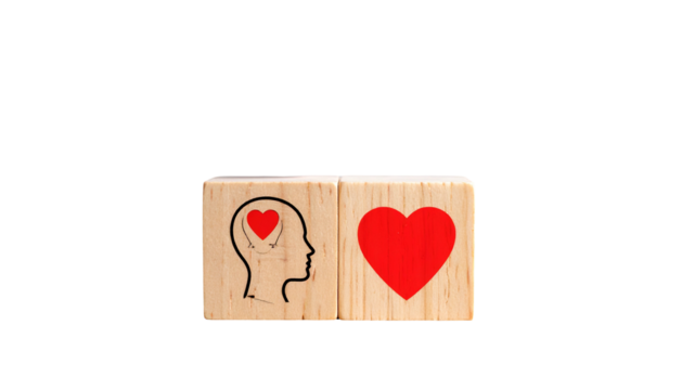 Two wooden cubes side by side; one features a brain-heart, the other a heart