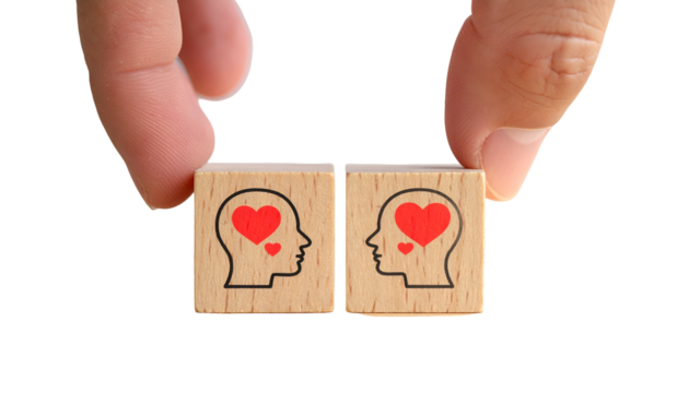Hands hold wooden blocks with human head outlines & hearts, symbolizing connection