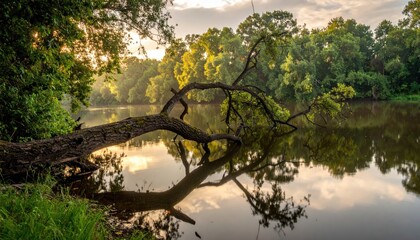 Tranquil Forest Lake at Golden Hour With Fallen Tree Reflected In Calm Water And Lush Green Trees