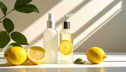 Two bottles of skincare products and fresh lemons arranged on a white surface with bright daylight casting shadows from a nearby plant