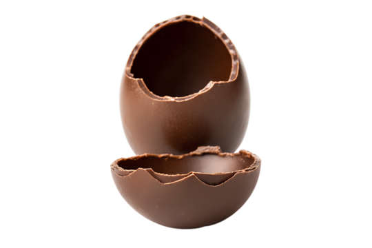 Delicious dark chocolate Easter egg broken open revealing a hollow center, perfect for sweet treats and celebrations - Powered by Adobe