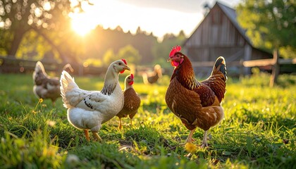 Two Chickens Stand in a Sunny Field With a Barn in the Background During Golden Hour