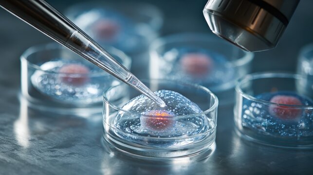 Stem cell research- nuclear transfer being carried out on several embryonic stem cells for cloning