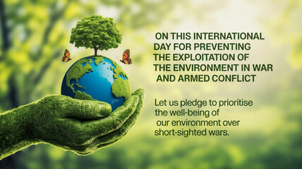 Earth held in mossy hands, tree and butterflies, symbolizing peace