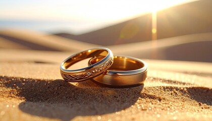 Two Golden Wedding Rings Resting on Textured Sand Dunes Under Warm Sunlight Creating a Romantic Atmosphere