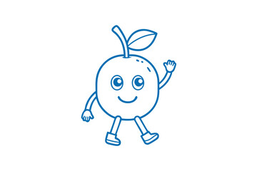 Joyful blue outline apple waves with a happy smile as it steps forward
