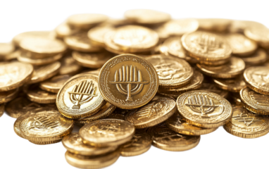 Close up of Hanukkah gelt with foil wrappers reflecting light and adding elegance to seasonal festivities isolated on white background PNG